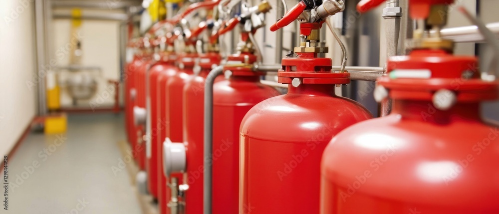 Row of Red Fire Extinguishers with Pipes and Valves Row of Red Fire Extinguishers with Pipes and Valves