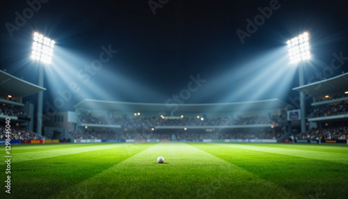 Floodlit cricket stadium illuminating green field at night, dramatic ambiance