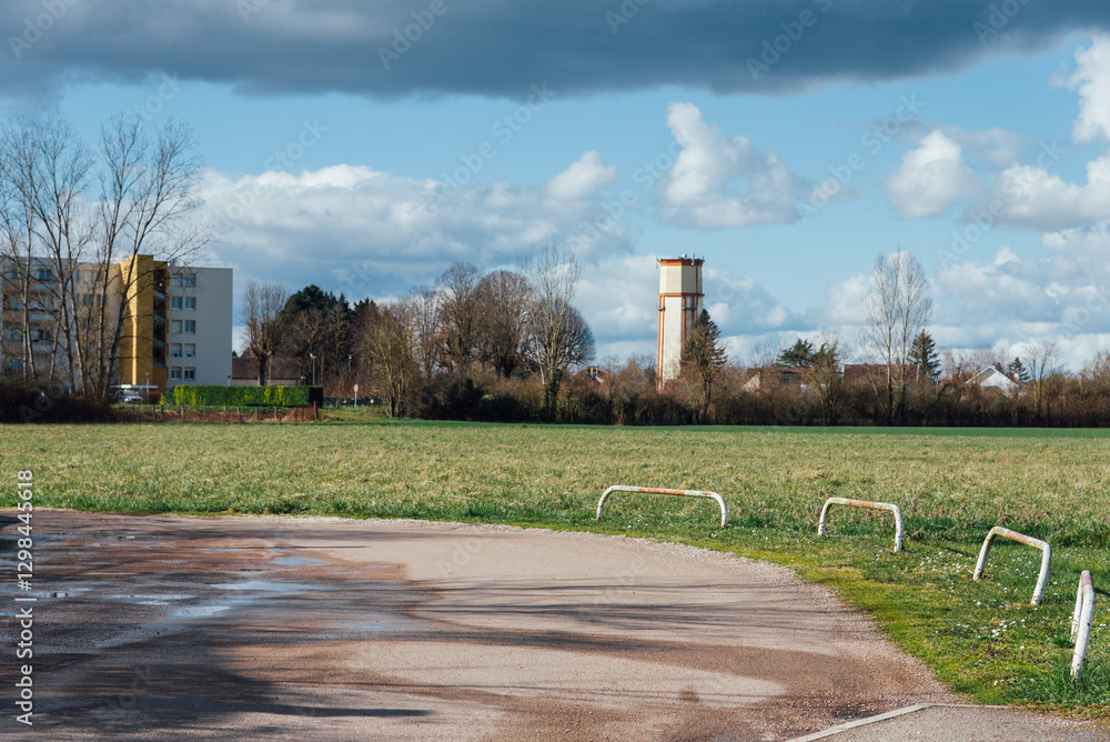 Fototapeta premium Route et château d'eau à Saint Jean de Losne. Paysage rural français. Virage dans la campagne. Ville en fond. HLM en bord de campagne. Immeuble dans la campagne.