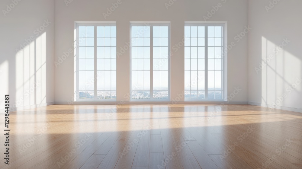 Empty room with hardwood floor and large windows. Empty room with hardwood floor and large windows.