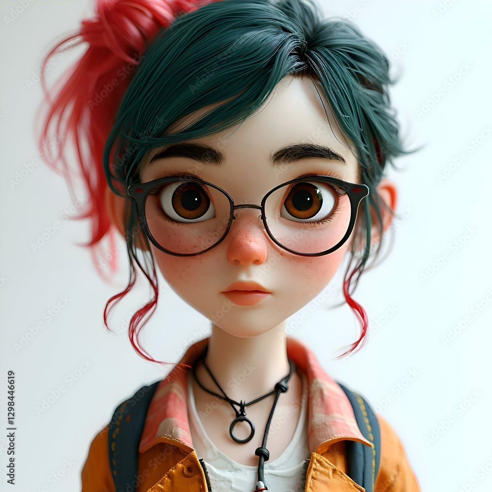 Adorable Cartoon Girl 3D Render. Anime Style Portrait with Spectacles Adorable Cartoon Girl 3D Render. Anime Style Portrait with Spectacles