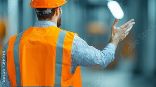 Emergency Drills and Fire Safety Procedures concept. Construction Warden Giving Safety Instructions in a Industrial Setting