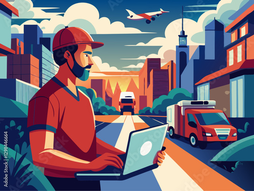 **Title:** Urban Logistics and Transportation Concept: A Man with a Laptop Monitors City Supply Chains Vector Illustration