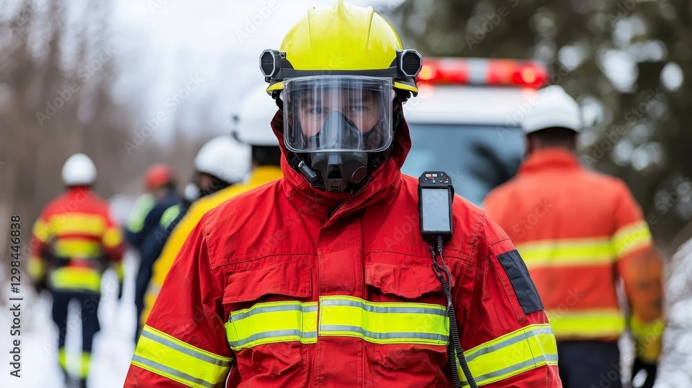Naklejka premium Emergency Drills and Fire Safety Procedures concept. Emergency Response Team Member in Red Gear on Snowy Scene