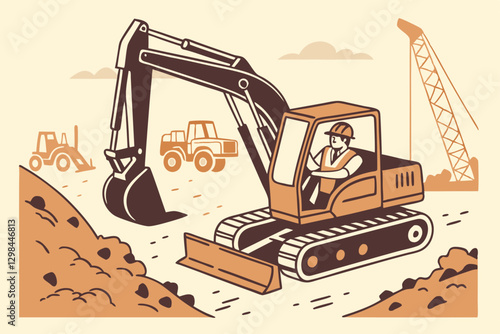 Construction Equipment at Work: Excavators and Bulldozers in Action on Site Vector Illustration