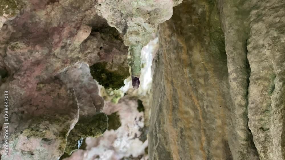 Water drop of stalagmite on blurry stone background. Water drop of stalagmite on blurry stone background.