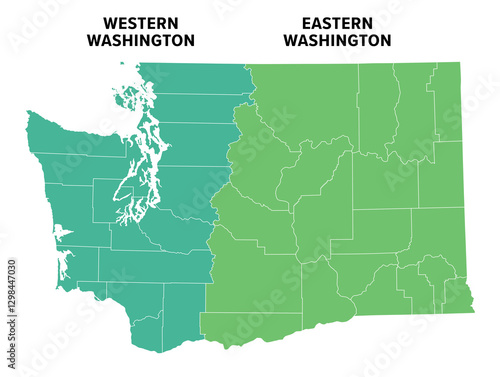 Western and Eastern Washington, political map. Regions of the state of Washington, in the Pacific Northwest region of the United States. Most residents live in the western part of the state. Vector