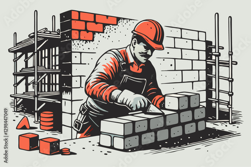 Bricklayer at Work: Vibrant Vector Illustration of Construction Scene with Scaffolding and Precision Craftsmanship Vector Illustration