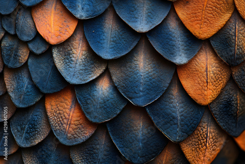 Close-up of dragon scales, deep blue and orange, hyper-realistic photography