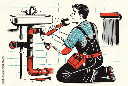 Retro Style Illustration of a Plumber Fixing a Bathroom Sink: Vintage Plumbing Art for Stock Photography Vector Illustration