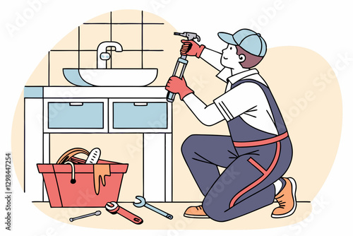 Professional Plumber Fixing Bathroom Sink Pipes with Tools in Modern Home - Stock Illustration for Industry and Repair Services Vector Illustration