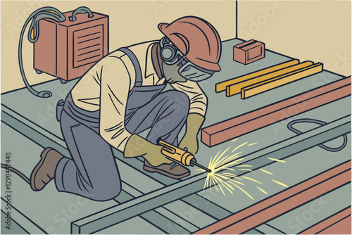 Construction Worker Welding Metal Beams in Industrial Setting - Safety Gear Focused Stock Illustration Vector Illustration