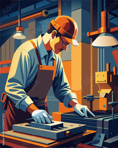 Skilled Factory Worker in Modern Industrial Setting Wearing Protective Gear and Operating Machinery Vector Illustration