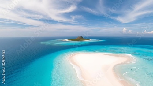 Fototapeta Naklejka Na Ścianę i Meble -  Sandy beach with white sand, calm turquoise ocean, sunny day, white clouds, blue sky, Maldives island landscape, beach, Maldives