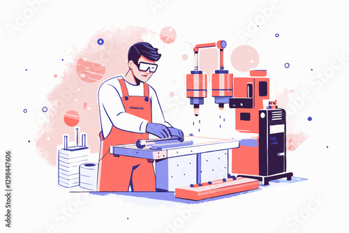 Skilled Worker Operating Modern CNC Machine in a Busy Manufacturing Workshop Setting Vector Illustration