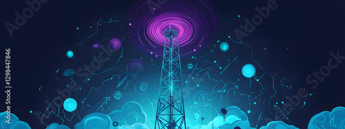 A blue digital background with the silhouette of an array tower surrounded by vibrant energy waves and futuristic symbols
