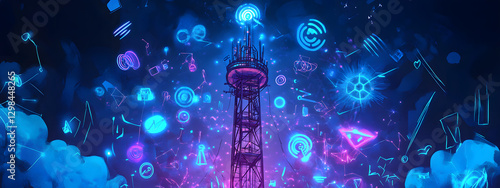 A blue digital background with the silhouette of an array tower surrounded by vibrant energy waves and futuristic symbols
