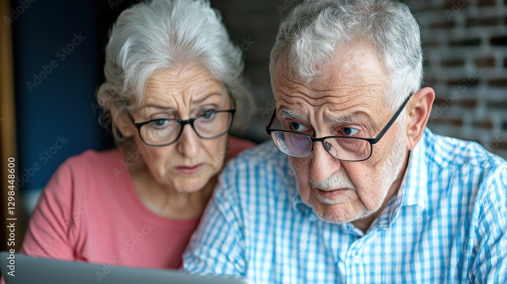 Elderly couple looking at laptop with concern about their finances Elderly couple looking at laptop with concern about their finances