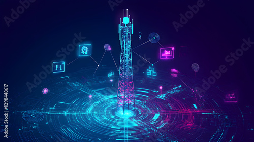 A blue digital background with the silhouette of an array tower surrounded by vibrant energy waves and futuristic symbols
