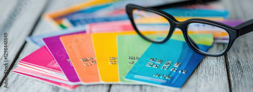 Colorful credit cards arranged on wooden surface with glasses nearby