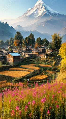 Serene village landscape with blooming flowers and majestic mountain backdrop during early morning
