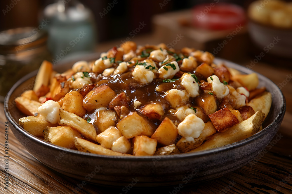 Delicious Poutine In Dark Wooden Background Delicious Poutine In Dark Wooden Background