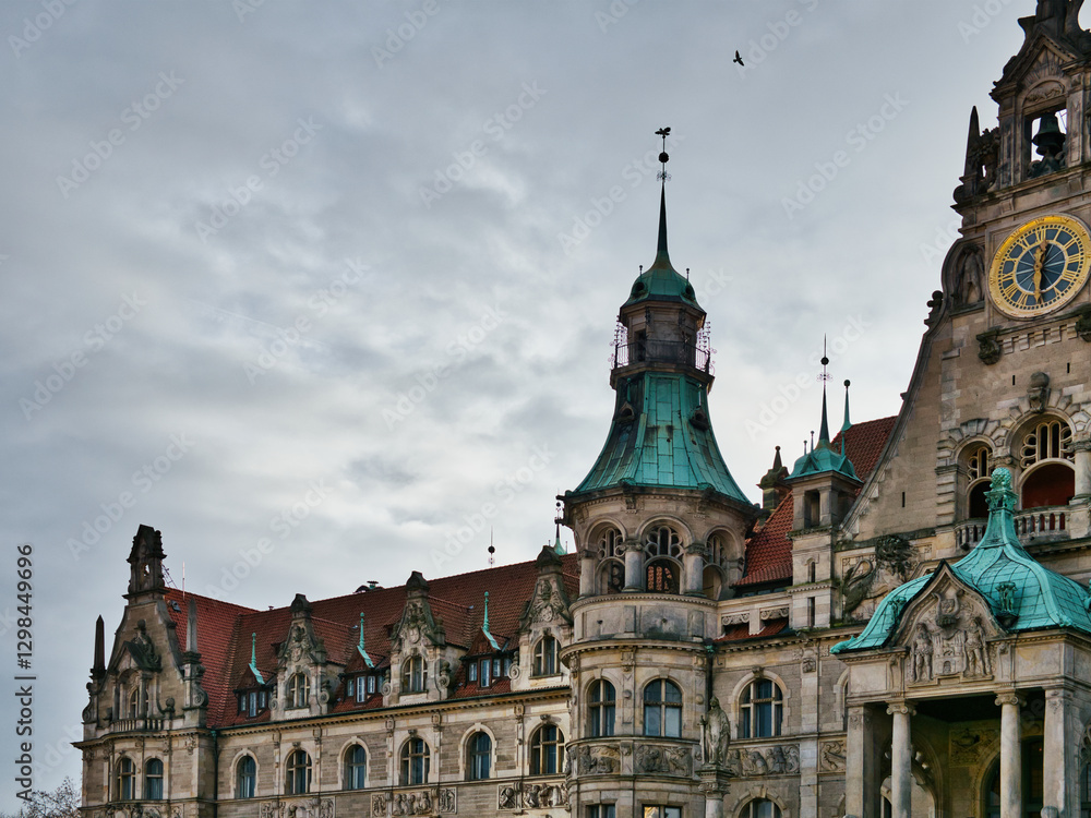 Fototapeta premium Detail, photographs and partial photographs of the old town hall of Hanover with its medieval structure and architecture.