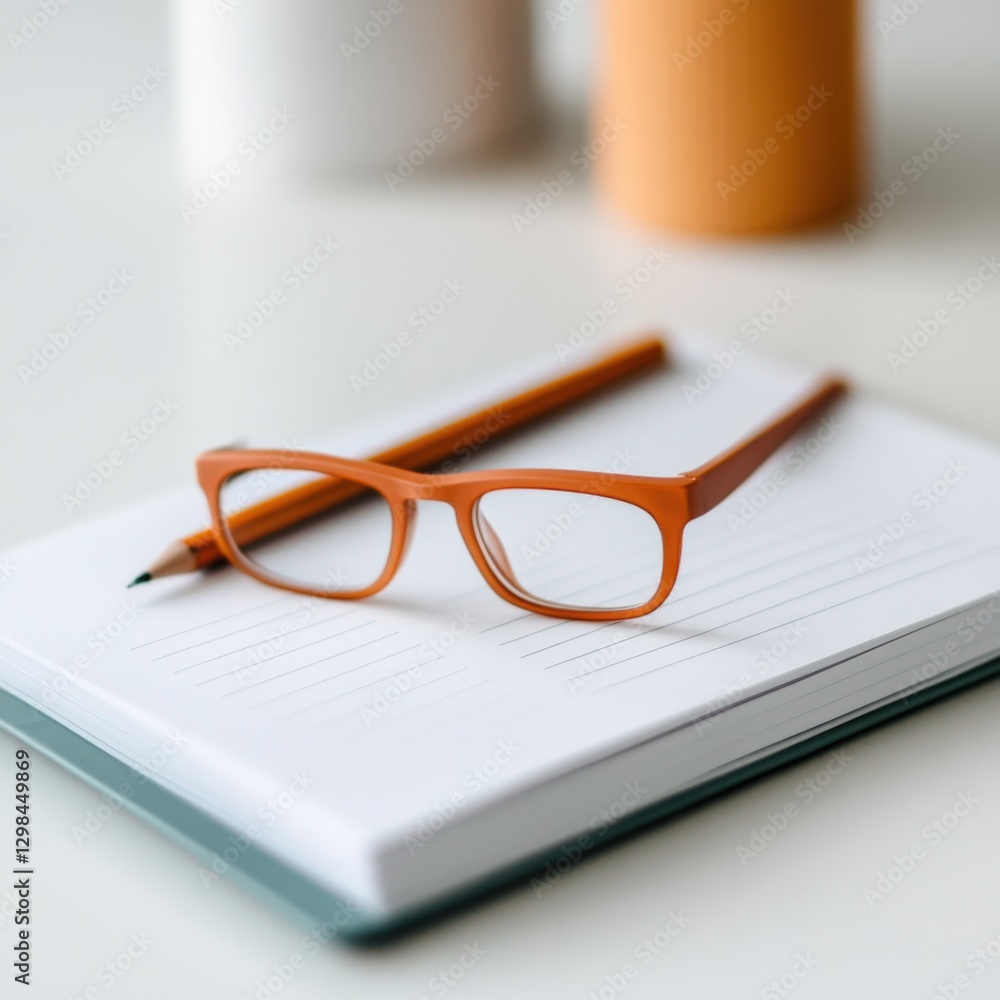 orange glasses and pencil on a notebook orange glasses and pencil on a notebook
