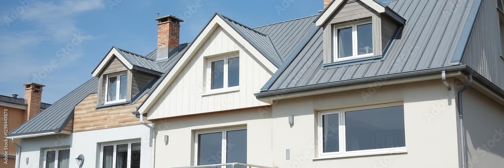 Modern house with zinc facade cladding and slate roof extension, renovation, exterior Modern house with zinc facade cladding and slate roof extension, renovation, exterior