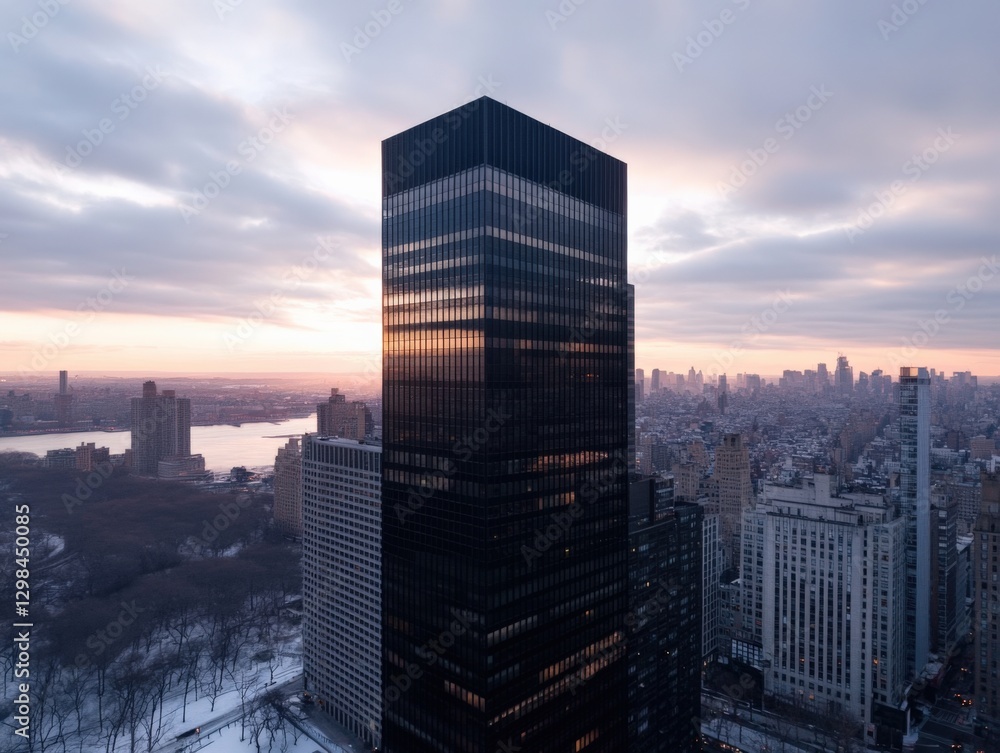 Fototapeta premium Skyscraper Reflecting Sunset in Cityscape