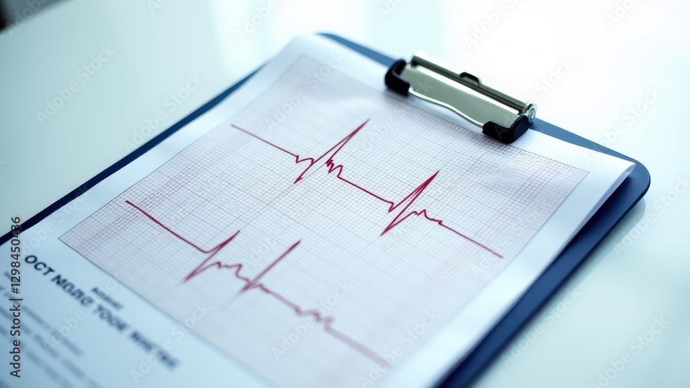 ECG Printout, Vivid ECG printout on metallic clipboard detailed lines in clinical lighting sharp minimalist aesthetic. ECG Printout, Vivid ECG printout on metallic clipboard detailed lines in clinical lighting sharp minimalist aesthetic.