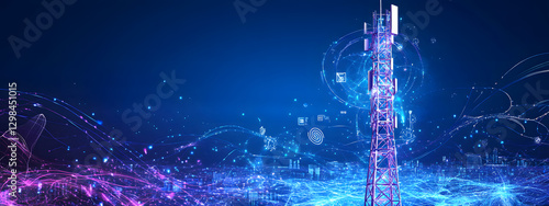 A blue digital background with the silhouette of an array tower surrounded by vibrant energy waves and futuristic symbols
