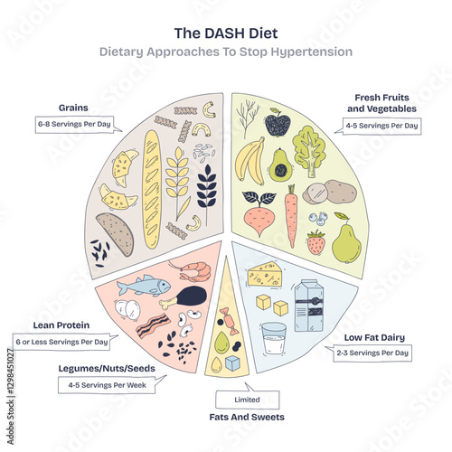 DASH Diet focuses on balanced nutrition with grains, fruits, and proteins. Doodle style diagram.