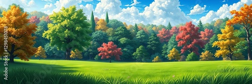 Lush forest landscape with vibrant green grass and majestic trees in Japanese anime style, landscape, Japanese