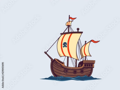 Illustration of a flat design wooden pirate ship icon with buccaneer, filibuster, corsair, sea dog elements, game, filibuster