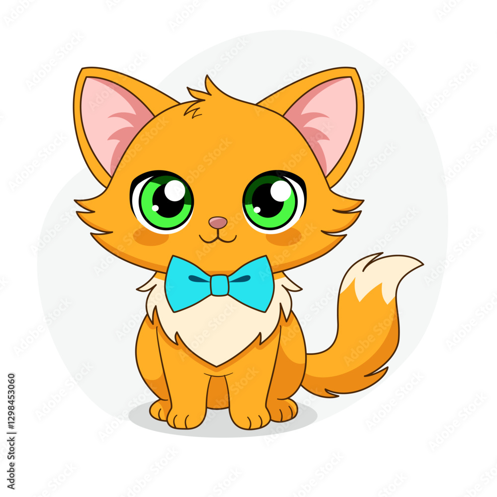 Obraz premium This is a cartoon vector illustration of a cute red kitten with big green eyes and a blue bow sitting on its paws. Kawaii style, chibi-style characters, nursery decor, gift