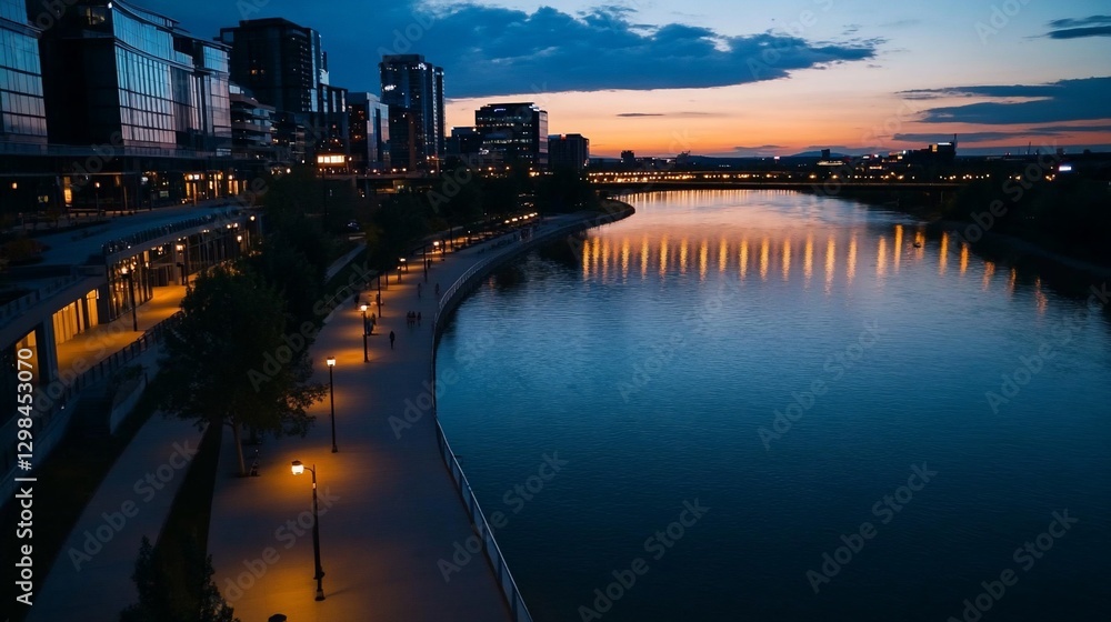 Naklejka premium Cityscape sunset river walk