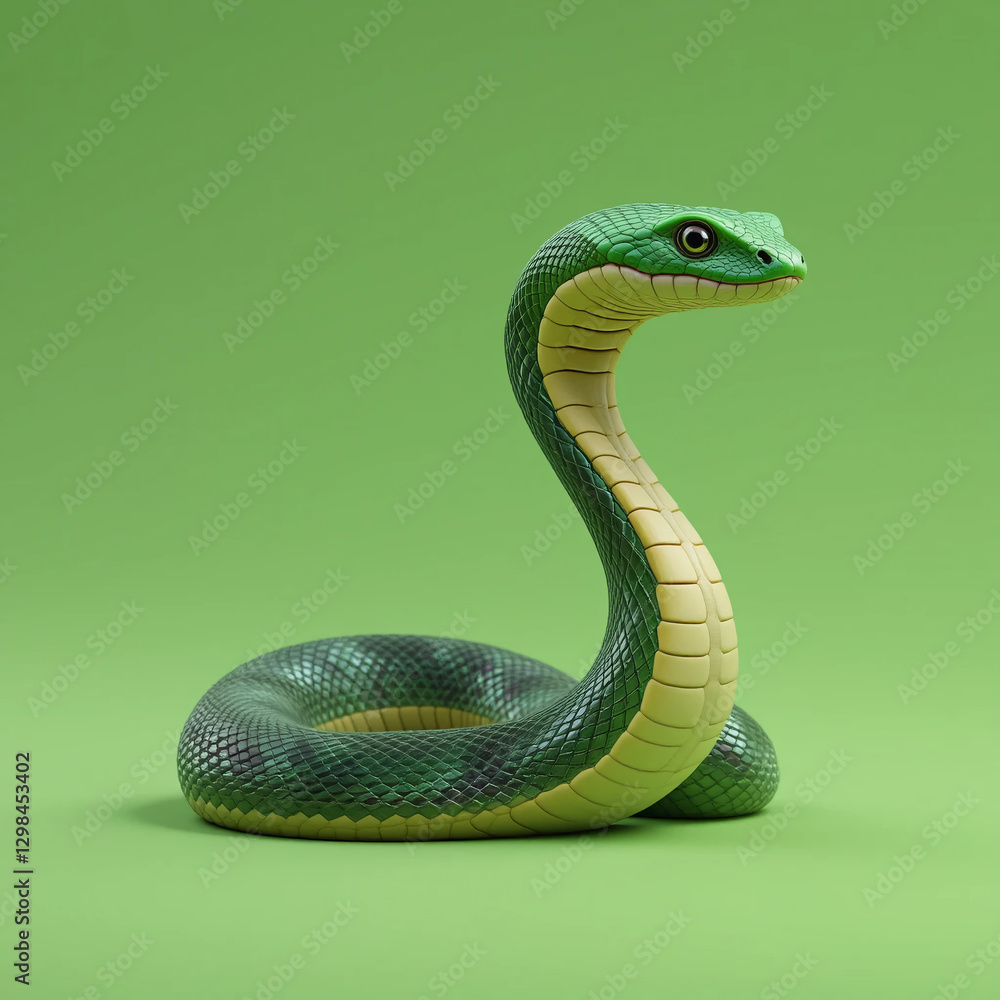 Fototapeta premium Green Snake on Green Background 3D Render
