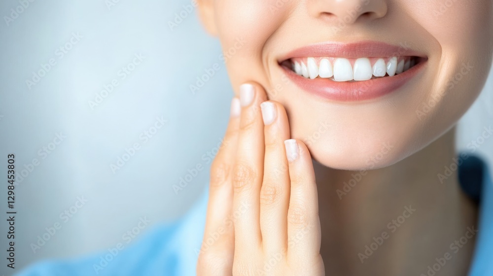 Fototapeta premium woman smiling with hand on cheek