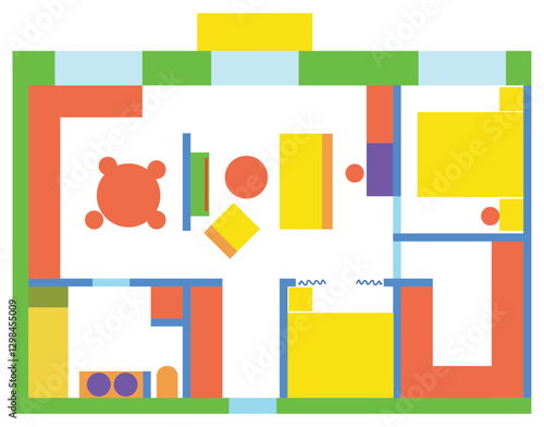 Floor plan with functional zoning of the apartment premises. The color scheme of the residential interior, layout of the furniture arrangement. Vector design constructor drawing
