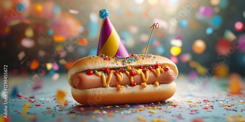 Funny hot dog celebrating tenth birthday with colorful confetti and party hat photo