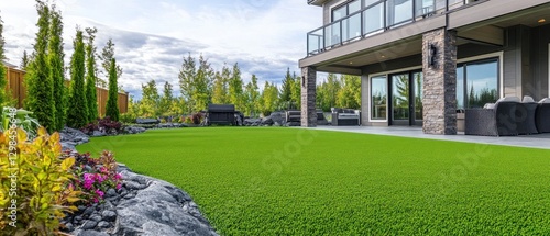 Artificial Grass Lawn in Front of Modern Home with Stone Pillars