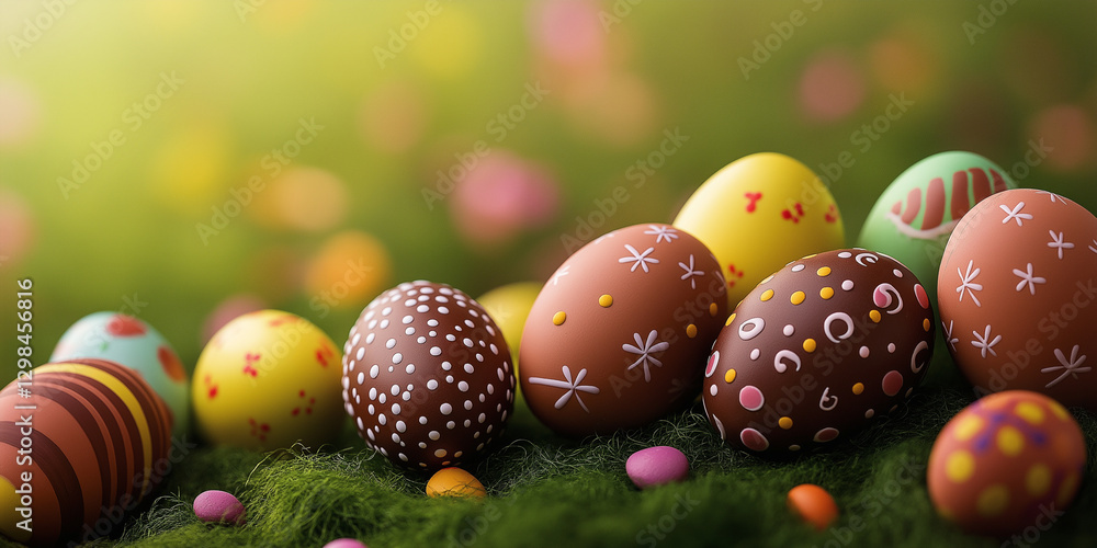 decorated easter eggs in the grass on a green background decorated easter eggs in the grass on a green background