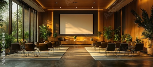 A high-end conference hall with a large projector screen displaying corporate presentations, minimalist decor, and empty chairs arranged for a meeting.