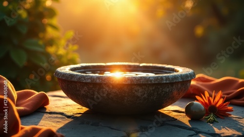 Foot washing bowl, An intricately carved stone basin basking in warm sunlight filled with clear water set amidst lush fabrics and fragrant  photo