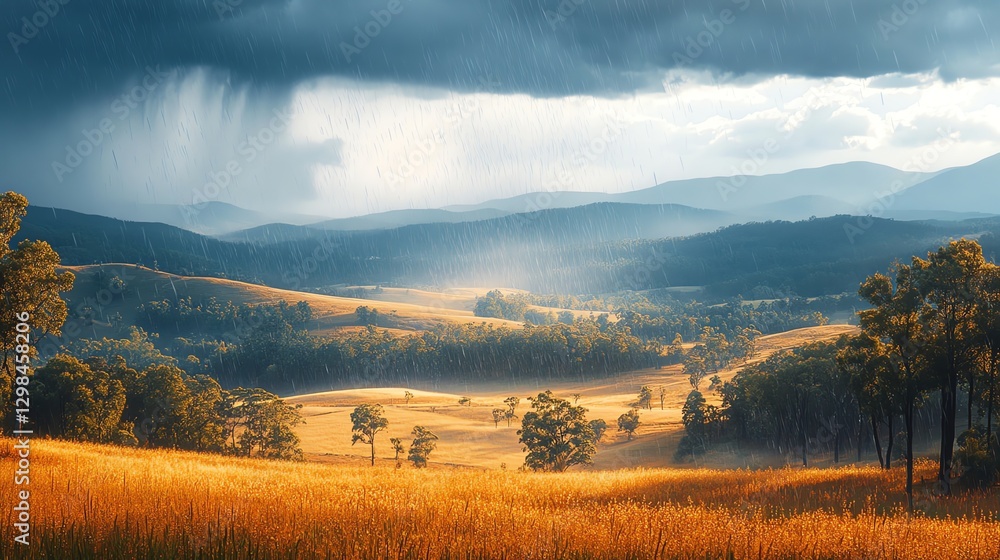 Fototapeta premium Rain Shower Over Golden Hills and Mountains Landscape with Sunlight
