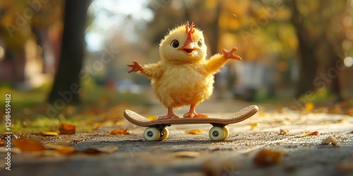 Baby chick balancing on skateboard in autumn park