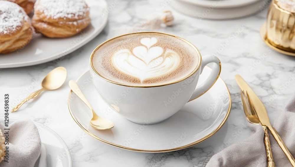White Latte Cup with Heart Design on Marble Tabletop White Latte Cup with Heart Design on Marble Tabletop