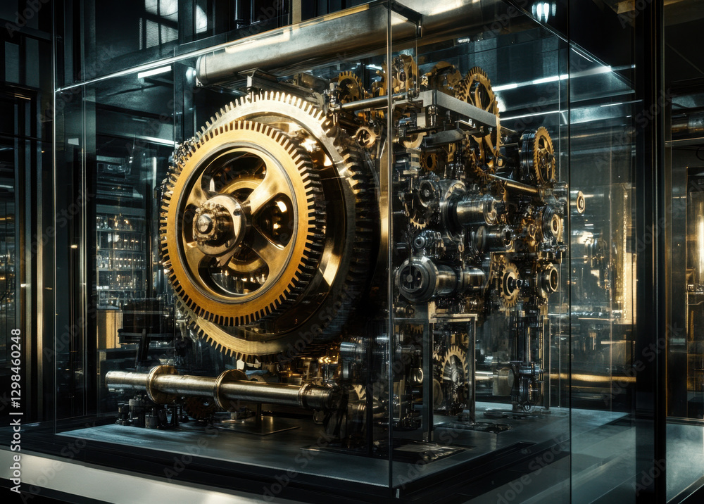 Fototapeta premium A detailed large machine composed of intricately designed gold and silver components is displayed in a contemporary industrial environment