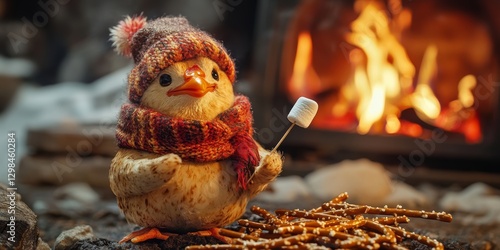 Cute baby duck roasting marshmallow by cozy fireplace in winter